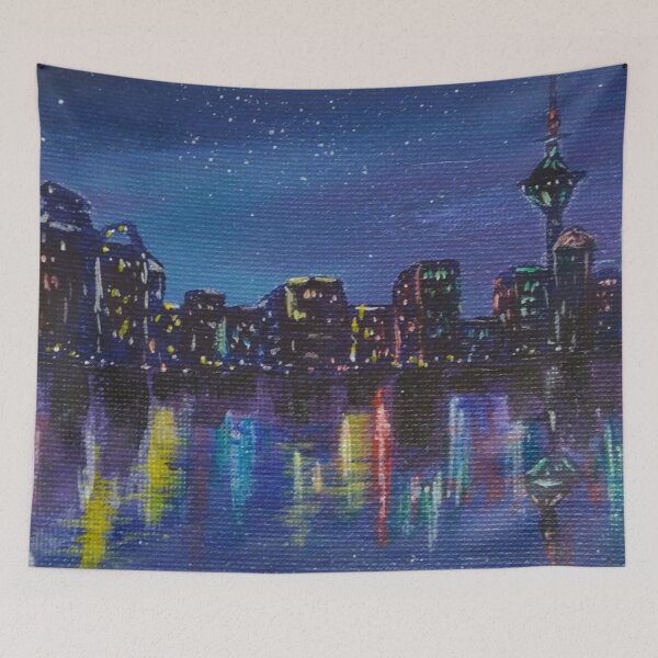Item preview, Colourful Cityscape at night reflecting on water acrylic painting designed and sold by Goldstarwork.