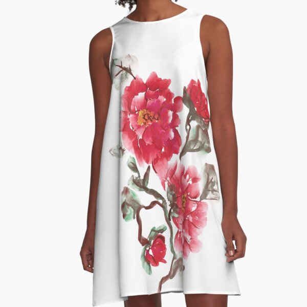 Peonies, painted in gouache. A-Line Dress