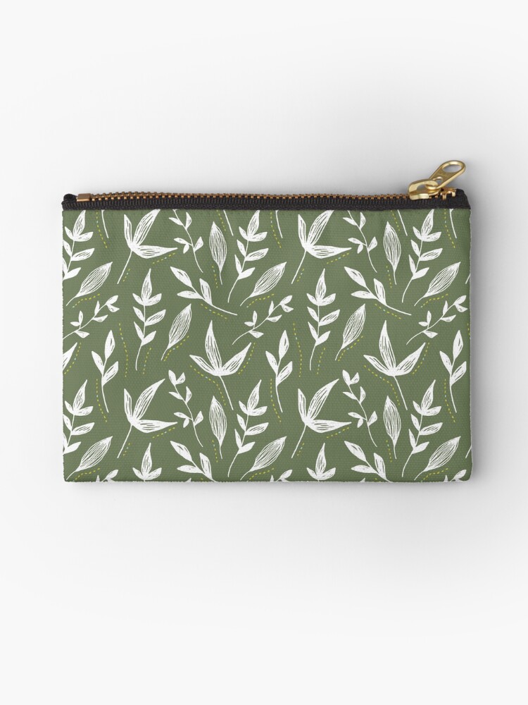 Thumbnail 1 of 4, Zipper Pouch, Moss Green Leaves Pattern designed and sold by DesignsbyEH.