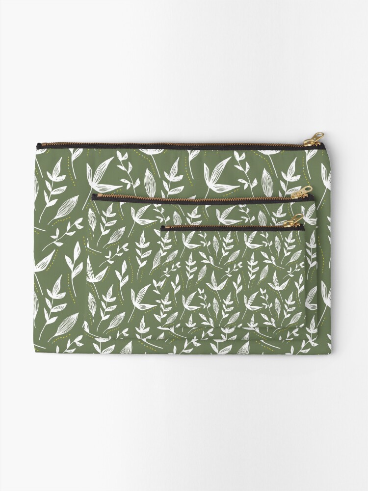 Thumbnail 2 of 4, Zipper Pouch, Moss Green Leaves Pattern designed and sold by DesignsbyEH.