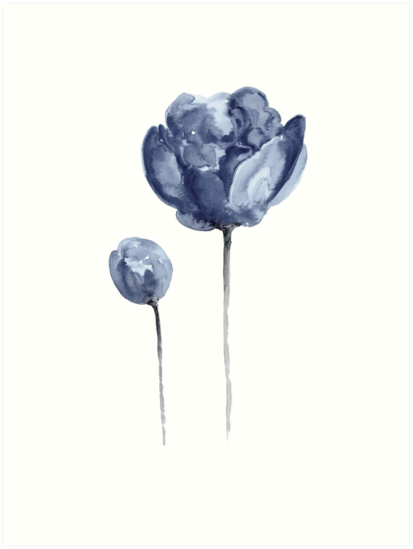 "Peony Navy Nursery Watercolor Painting Blue Flower Drawing" Art Prints