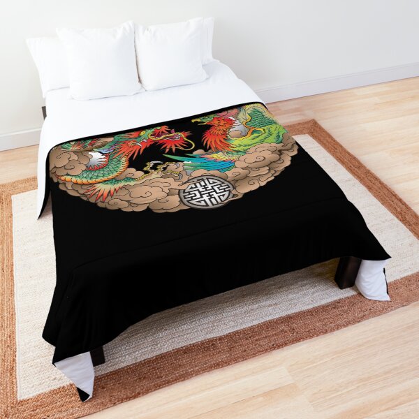 Oriental Dragon and Phoenix Fenghuang Chinese Mythical Circle Comforter
