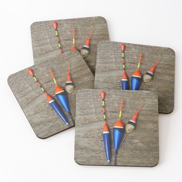 Item preview, three fishing bobbers on wooden background designed and sold by mrivserg.