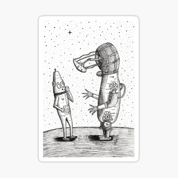 Boris the retro robot speaks to Space-Time Steve Sticker