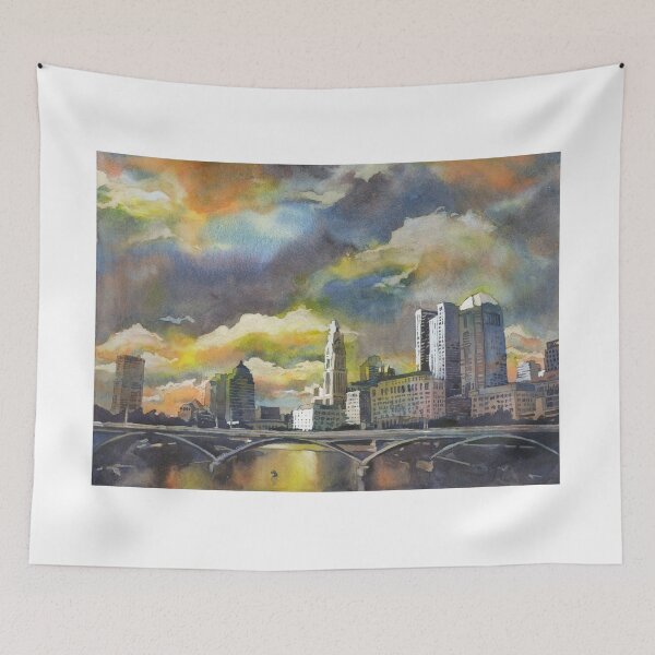 Item preview, Columbus, OH skyline at sunset.  Watercolor painting of Columbus, Ohio  designed and sold by rfoxphoto.