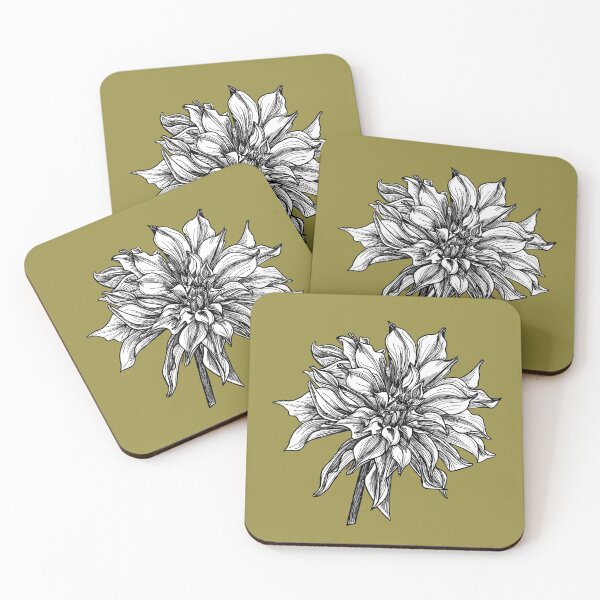Item preview, Detailed Drawing on a Dahlia on an Olive Green Background designed and sold by Joellen Armstrong.