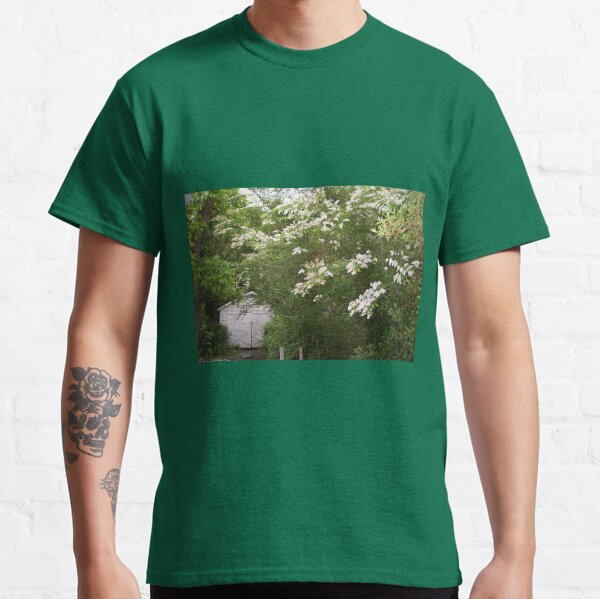 Garage surrounded by beautiful white flowers blooming on trees in Spring Classic T-Shirt