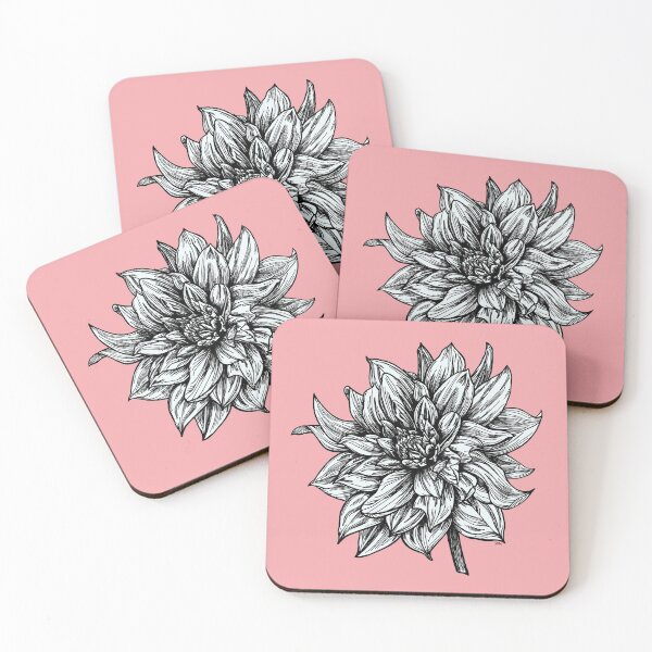 Item preview, Detailed Drawing of a Blooming Dahlia on a Salmon Pink Background designed and sold by Joellen Armstrong.