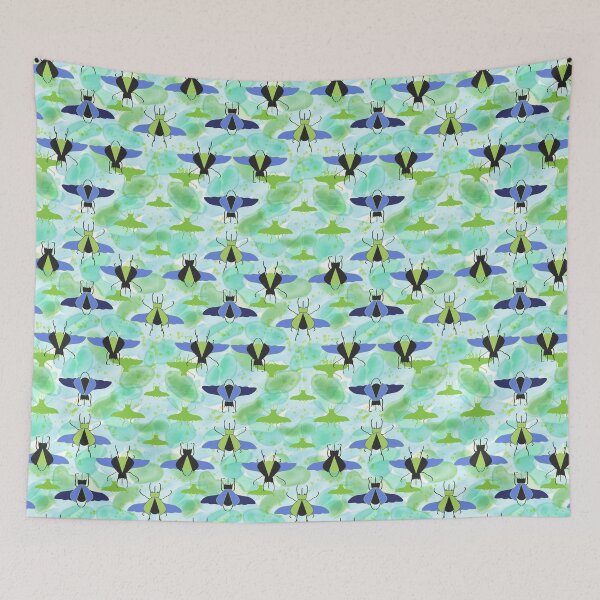 Item preview, Flying Rhino and Staghorn Beetles over Blue and Green designed and sold by vinpauld.