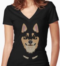 Camiseta entallada de cuello en V Negro y Tan Shiba Inu