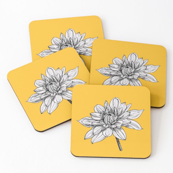 Item preview, Detailed Drawing of a Blooming Dahlia on a Vibrant Yellow Background designed and sold by Joellen Armstrong.