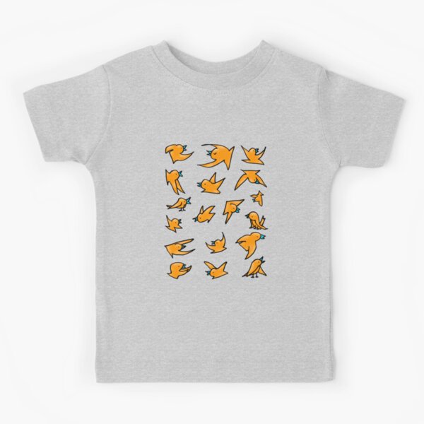 Flock of orange birds with blue beaks happily chirping and flying Kids T-Shirt