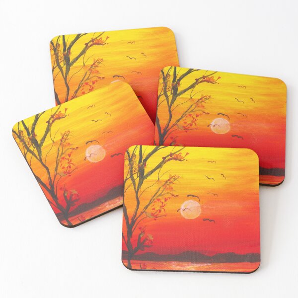 Item preview, Painted orange sunset with silhouette tree and flying birds over the water. designed and sold by Goldstarwork.