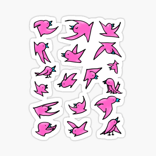Flock of pink birds with blue beaks happily chirping and flying Sticker
