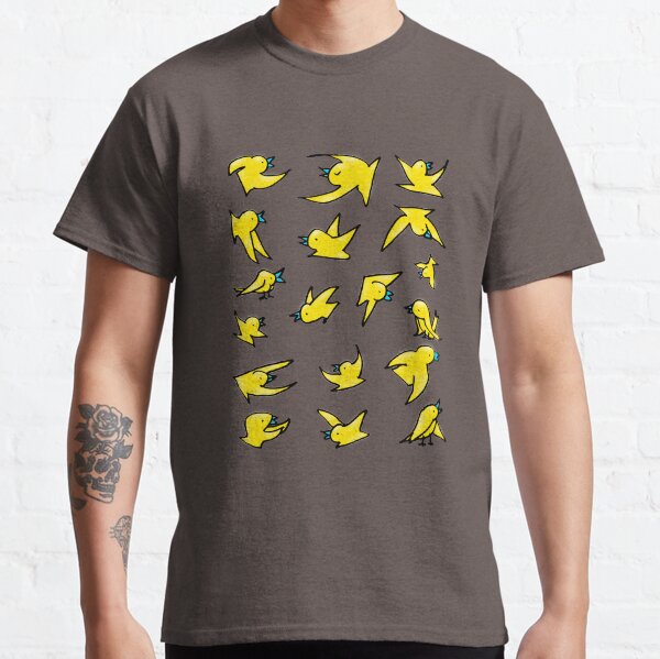 Flock of yellow birds with blue beaks happily chirping and flying Classic T-Shirt