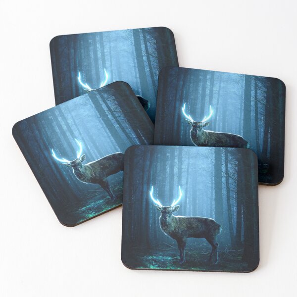 Item preview, Deer with headlights surreal deer with glowing antlers in forest trees artwork designed and sold by LD ART.
