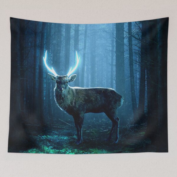 Item preview, Deer with headlights surreal deer with glowing antlers in forest trees artwork designed and sold by LD ART.