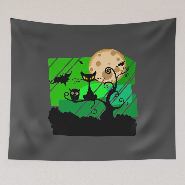 Item preview, Happy Hallowe'en Cute Cat Bats Owl Haunted Halloween Tree Full Moon designed and sold by H3designs.