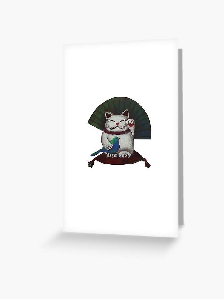 White Maneki Neko With A Blue Bird Greeting Card By Farawayart Redbubble