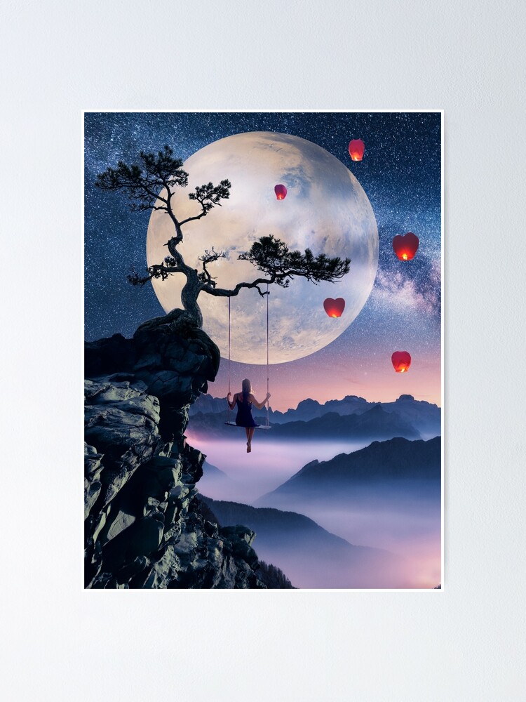 Chica columpio montañas surrealistas vía láctea luna espacio obra de arte  Póster
