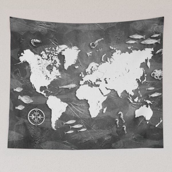 Item preview, world map blacka and white sea life #map designed and sold by JBJart.