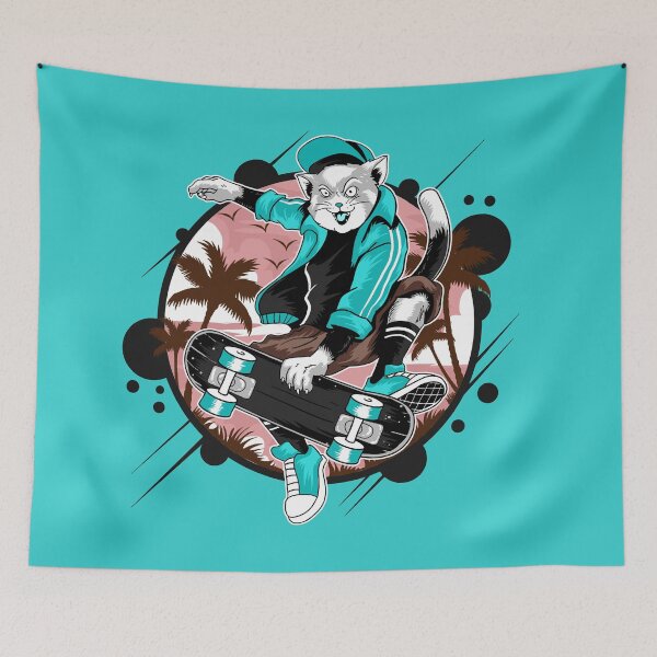 Item preview, Fierce cat on skateboard in cyan designed and sold by urban-color.