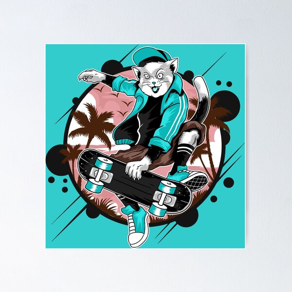 Item preview, Fierce cat on skateboard in cyan designed and sold by urban-color.