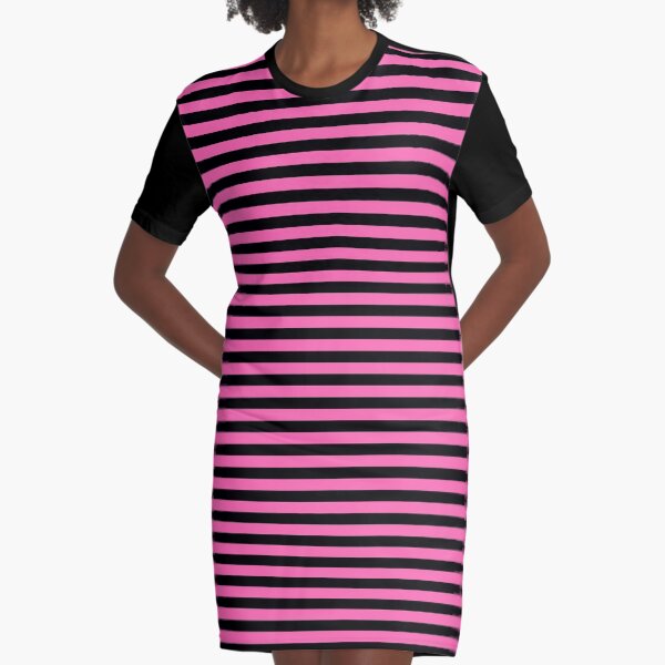 Thin Black and Light Hot Pink Stripes | Horizontal Thin Stripes | Graphic T-Shirt Dress