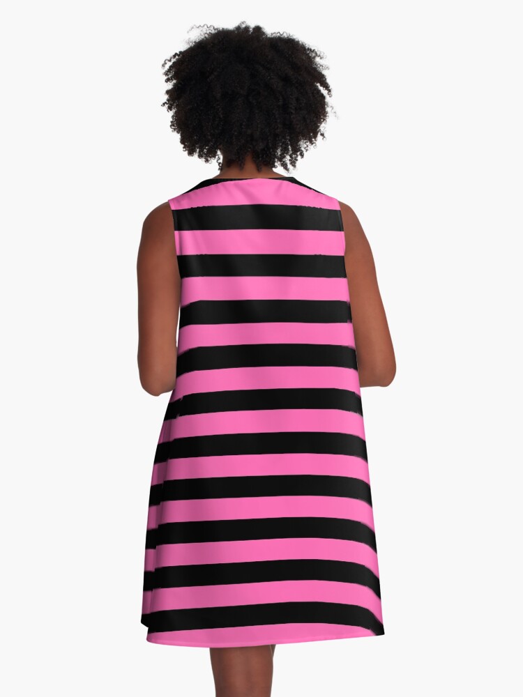 Light Hot Pink and Black Stripes Horizontal Medium Stripes A Line Dress