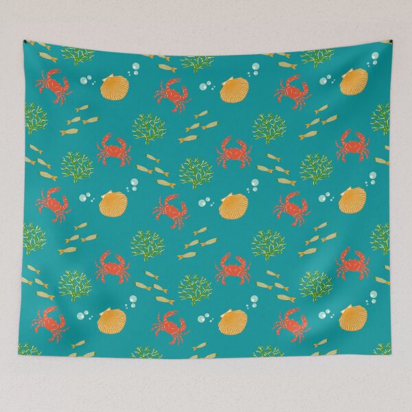 Item preview, Orange crab fish shell seaweed coral under the sea theme pattern  designed and sold by Wildflow Creations.