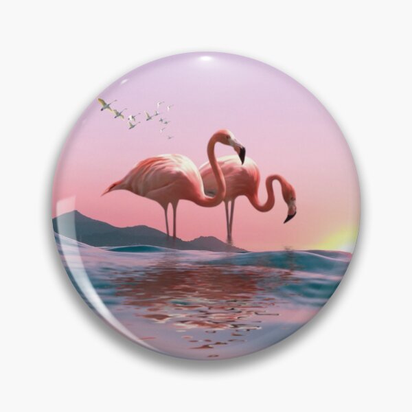 Flamingo on Beach Starfish Retro Pinback Button Pin Badge 