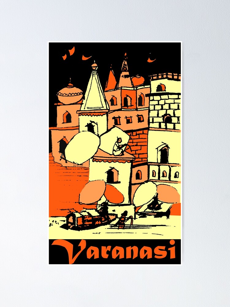 "Varanasi India Ghat & Ganges Orange and Yellow" Poster for Sale by