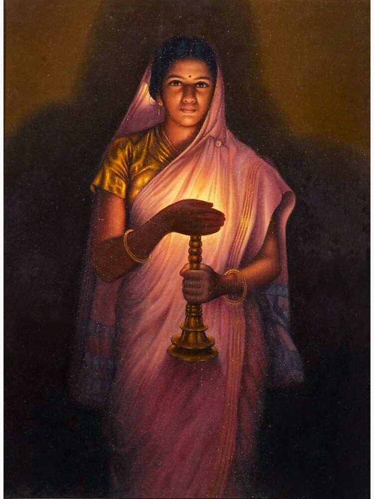 Lady Holding A Lamp By Raja Ravi Varma Art Print for Sale by