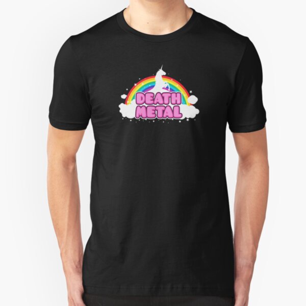 DEATH METAL! (Funny Unicorn / Rainbow Mosh Parody Design) Slim Fit T-Shirt