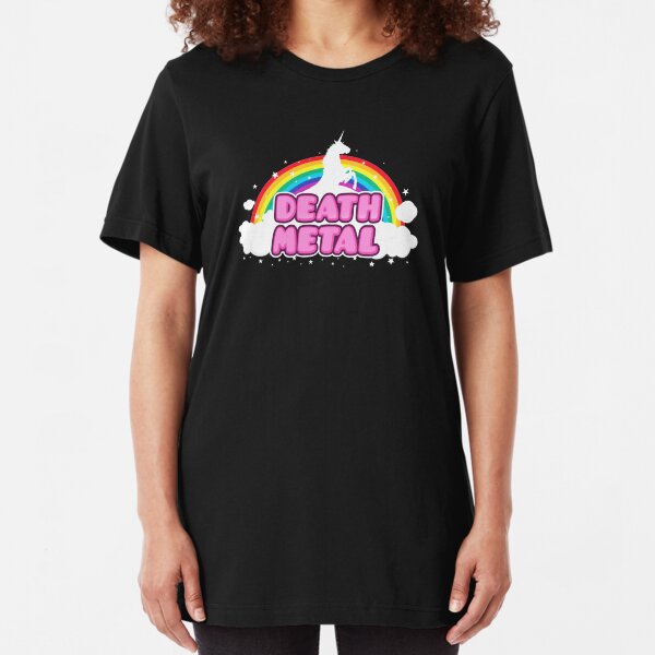 DEATH METAL! (Funny Unicorn / Rainbow Mosh Parody Design) Slim Fit T-Shirt
