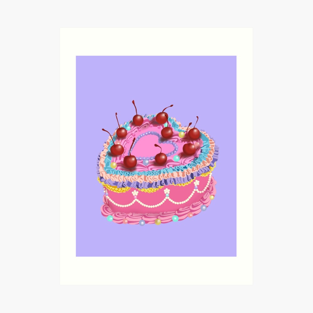 Birthday cake with cream and cherries Digital art