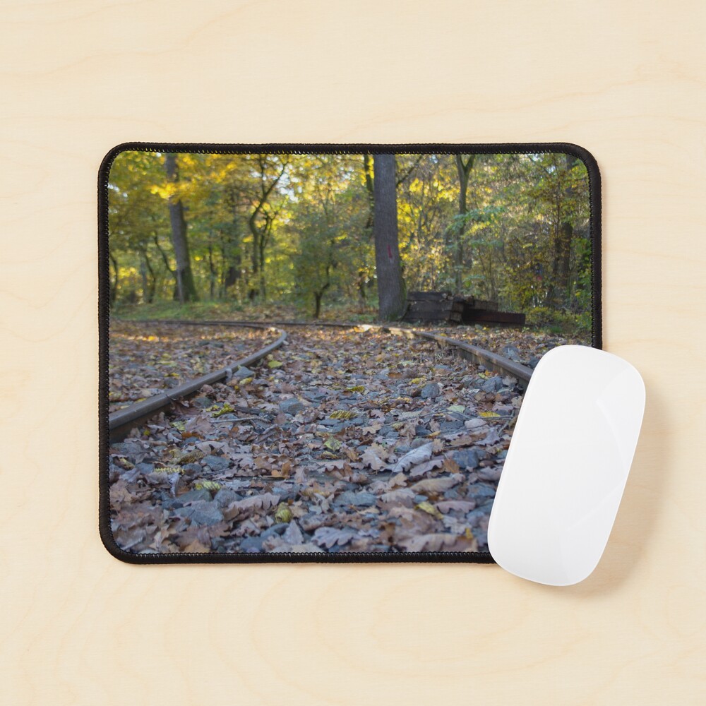 Railway through forest, pathway, partial shade, leaves on the ground, Autumn, original photography Mouse Pad