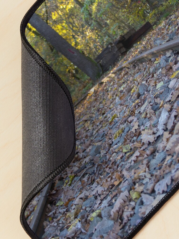 Alternate view of Railway through forest, pathway, partial shade, leaves on the ground, Autumn, original photography Mouse Pad