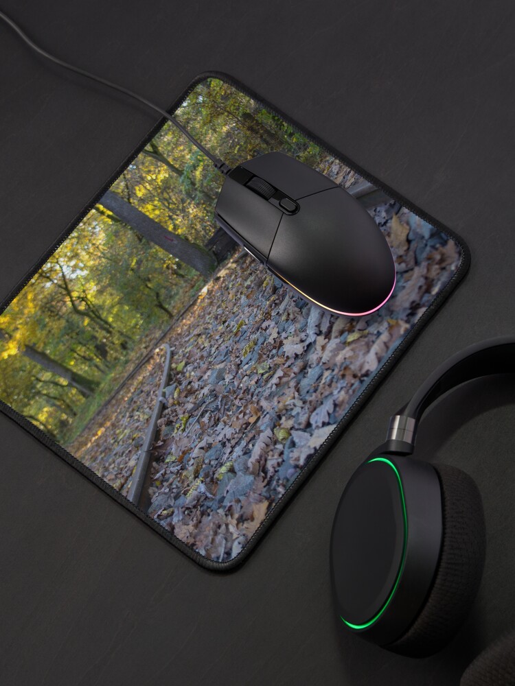 Alternate view of Railway through forest, pathway, partial shade, leaves on the ground, Autumn, original photography Mouse Pad
