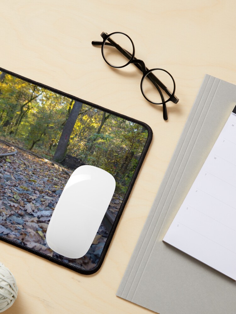 Alternate view of Railway through forest, pathway, partial shade, leaves on the ground, Autumn, original photography Mouse Pad