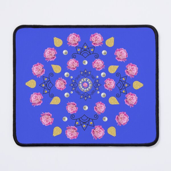 Item preview, Mandala Peony Flower Pink and Gold on Blue designed and sold by TrendyArtPrints.