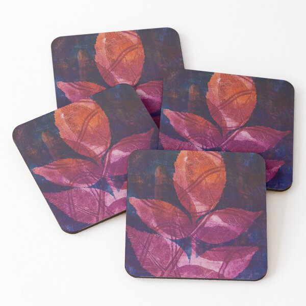 Item preview, Botanical striking monoprint design of real leaves in rich magenta orange and blues,  designed and sold by AliSullivanArt.