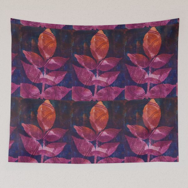 Item preview, Botanical striking monoprint design of real leaves in rich magenta orange and blues,  designed and sold by AliSullivanArt.