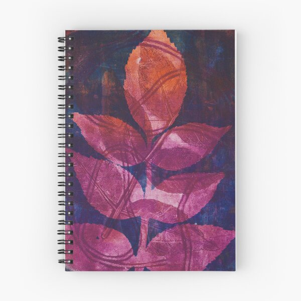 Item preview, Botanical striking monoprint design of real leaves in rich magenta orange and blues,  designed and sold by AliSullivanArt.