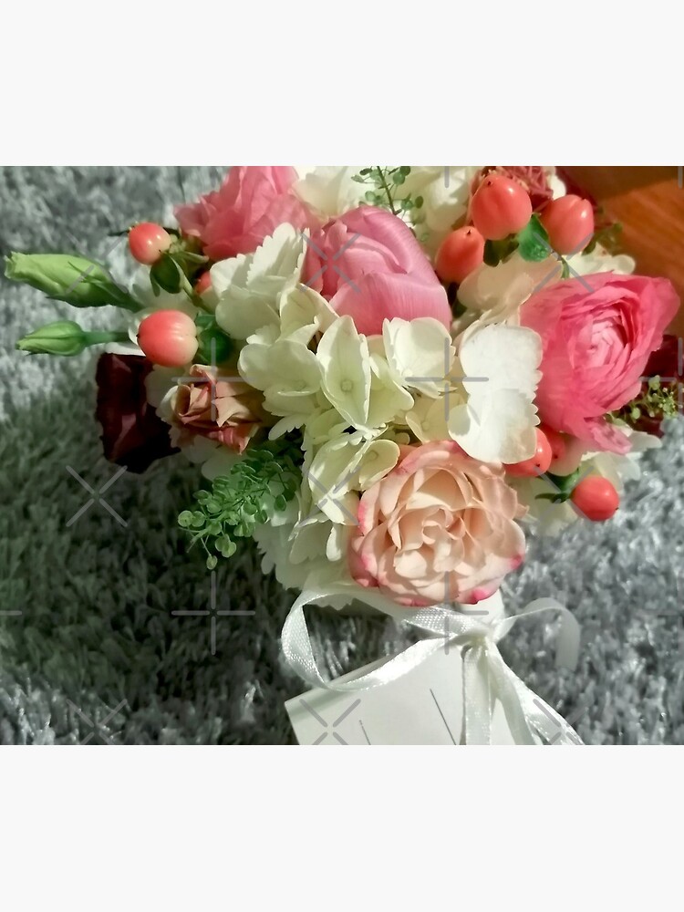 Ask me about my plants. Wonderful bouquet of multicolored flowers with a blank note of the sender, on foot, on a fluffy rug. Mysterious love by CWartDesign