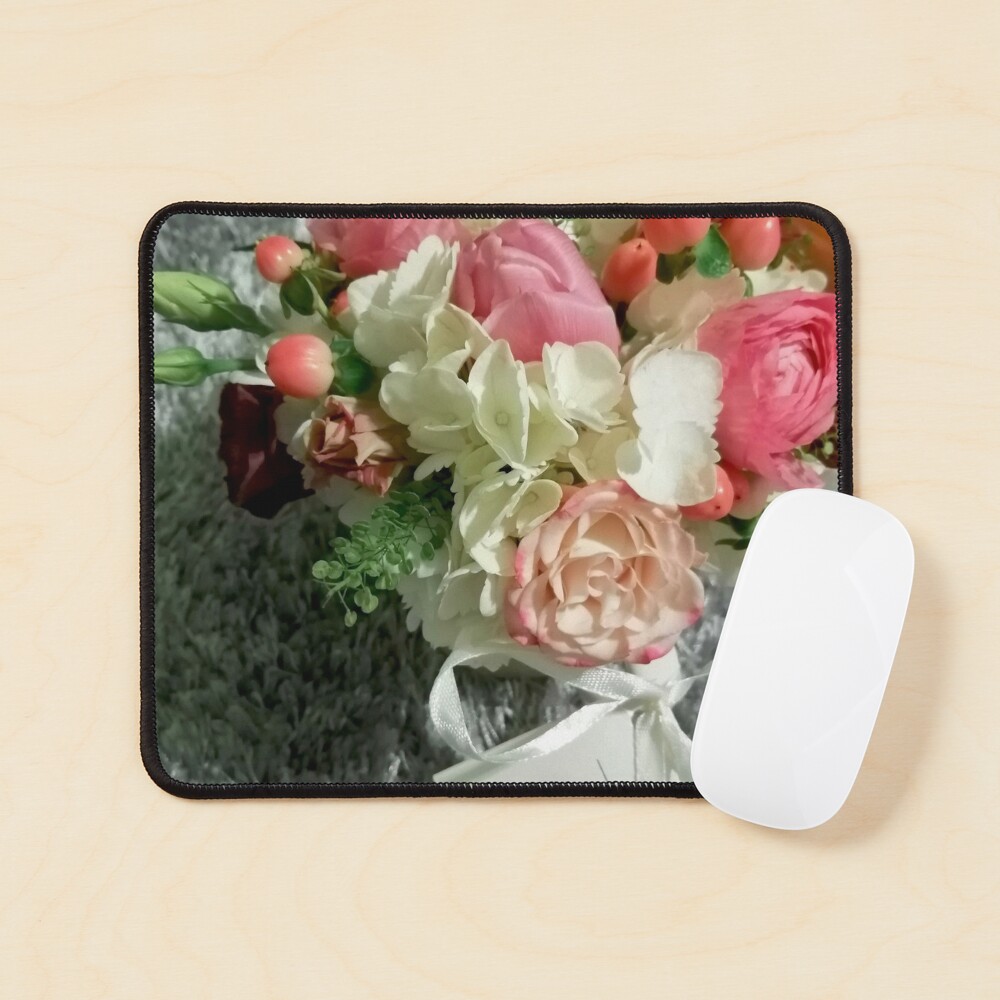 Ask me about my plants. Wonderful bouquet of multicolored flowers with a blank note of the sender, on foot, on a fluffy rug. Mysterious love Mouse Pad