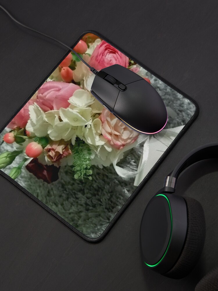 Alternate view of Ask me about my plants. Wonderful bouquet of multicolored flowers with a blank note of the sender, on foot, on a fluffy rug. Mysterious love Mouse Pad