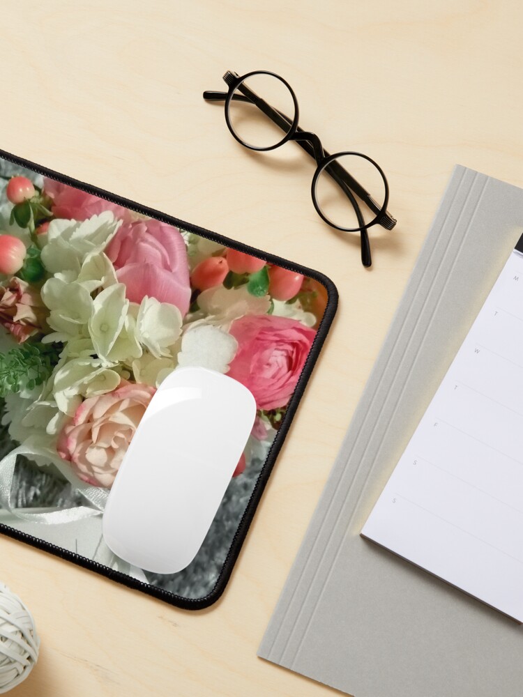 Alternate view of Ask me about my plants. Wonderful bouquet of multicolored flowers with a blank note of the sender, on foot, on a fluffy rug. Mysterious love Mouse Pad