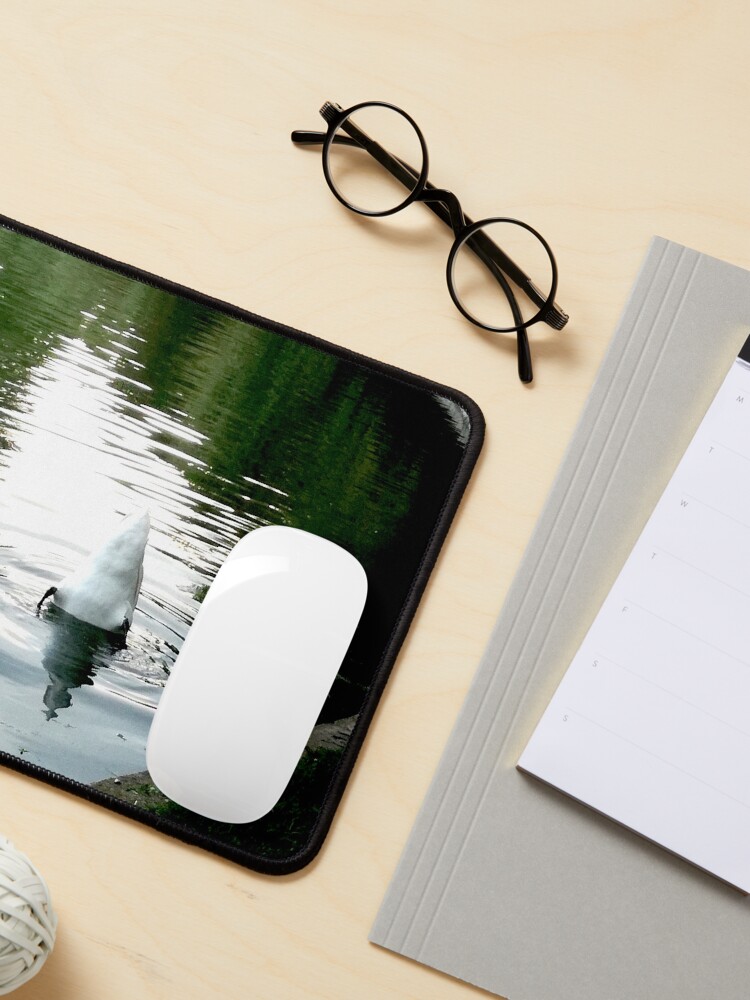 Alternate view of Duck with its head in the water and its white tail up on a lake with water with green reflections from the willows on the edge and blue from the sky Mouse Pad