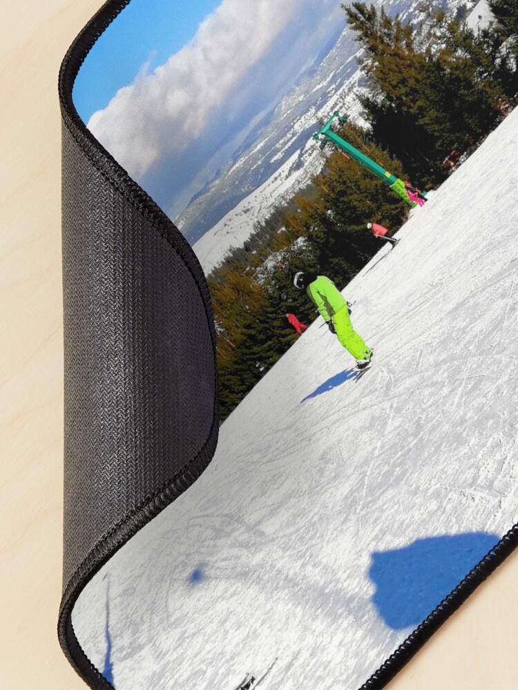Alternate view of Landscape on the ski slope, sunny day, people feeling good, mountains in the distance, beautiful clouds in the sky Mouse Pad